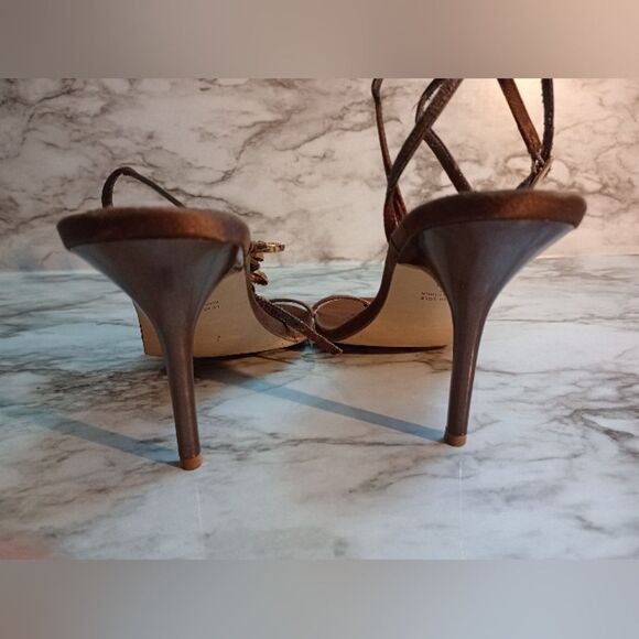 Valerie Stevens Brown Fabric & Rhinestone Stiletto Heels Leather Soles Size 8.5 - Picture 10 of 11